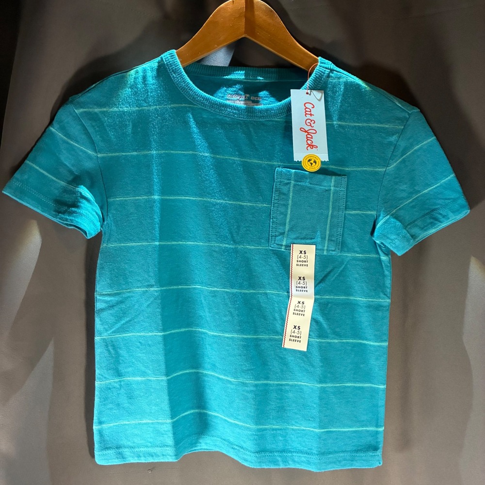 Cat & Jack Boys Striped T-Shirt, XS (4-5) Teal Short Sleeve Crew Neck Pocket Tee